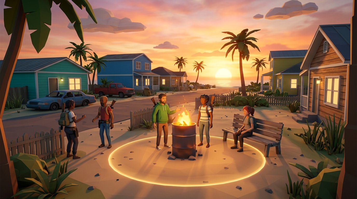 Survivors gathered around the Gulf Block Safezone fire at sunset