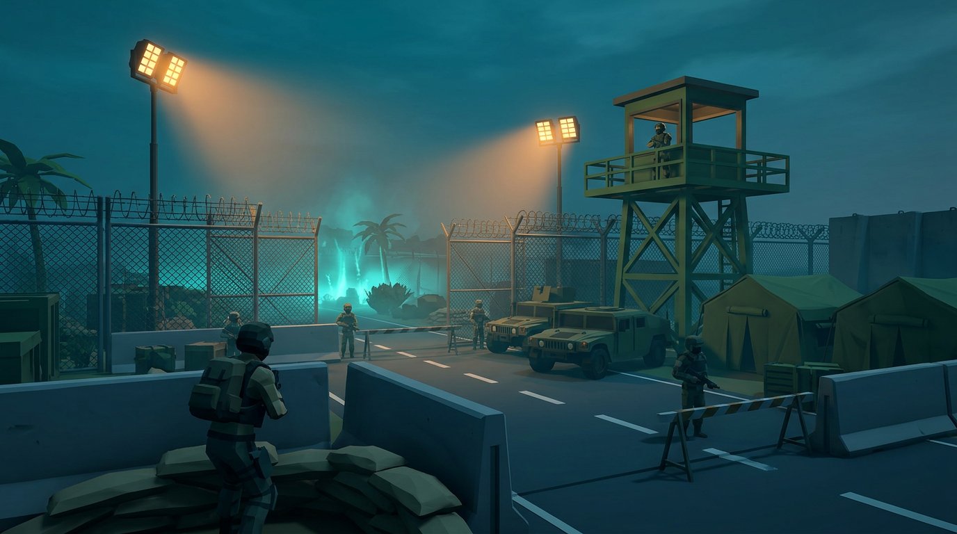 Military Quarantine Sector checkpoint beneath floodlights